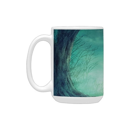

Gothic Decor Misty Horror Illustration Of Autumn Valley With Woods Spooky Tree And Full Moon Scene N Ceramic Mug (15 OZ) (Made In USA)