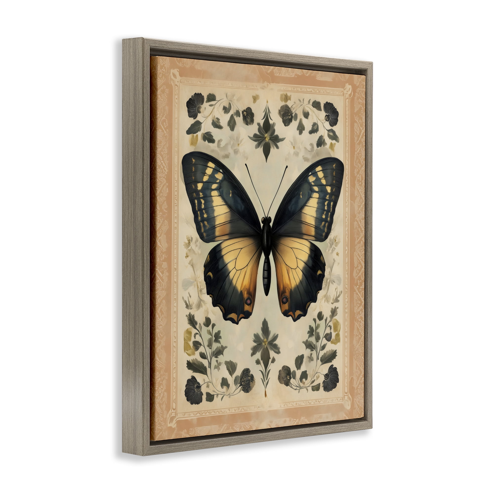Stupell Industries Vintage Butterfly Botanical Illustration Brown Framed Floater Canvas Wall Art, design by Arlington Prints