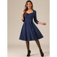 thumbnail image 3 of DARING DIVA Women's 3/4 Sleeve High Waist A Line Pleated Midi Dress M Dark Blue, 3 of 5