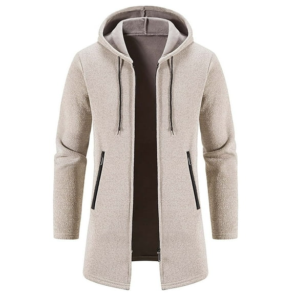 gbyLJF Full Zip Mid-length Hooded Jacket for Men Soft Fleece Long Sleeve Drawstring Coats Fall and Winter Casual Warm Coat With Zipper Pockets