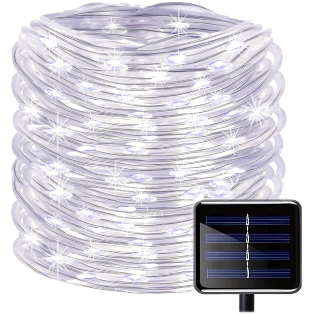 Guirnalda de luces solares para exteriores, 10 m, 100 LED, 8 modos, cable de cobre, cuerda de PVC impermeable para jardines, árboles de Navidad y decoración de interiores (blanco)