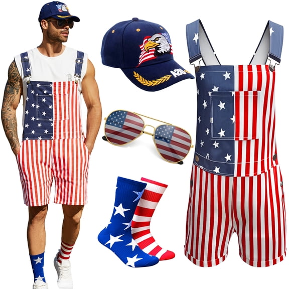 American Flag Overalls Men,Eagle USA Hat,4th of July Socks,Patriotic Sunglasses,4 Pcs for Memorial Labor Day(Red White and Blue,L)