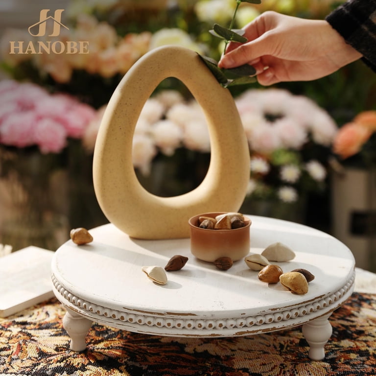 Hanobe Farmhouse Round Pedestal Tray, Whitewashed Wood photo 3