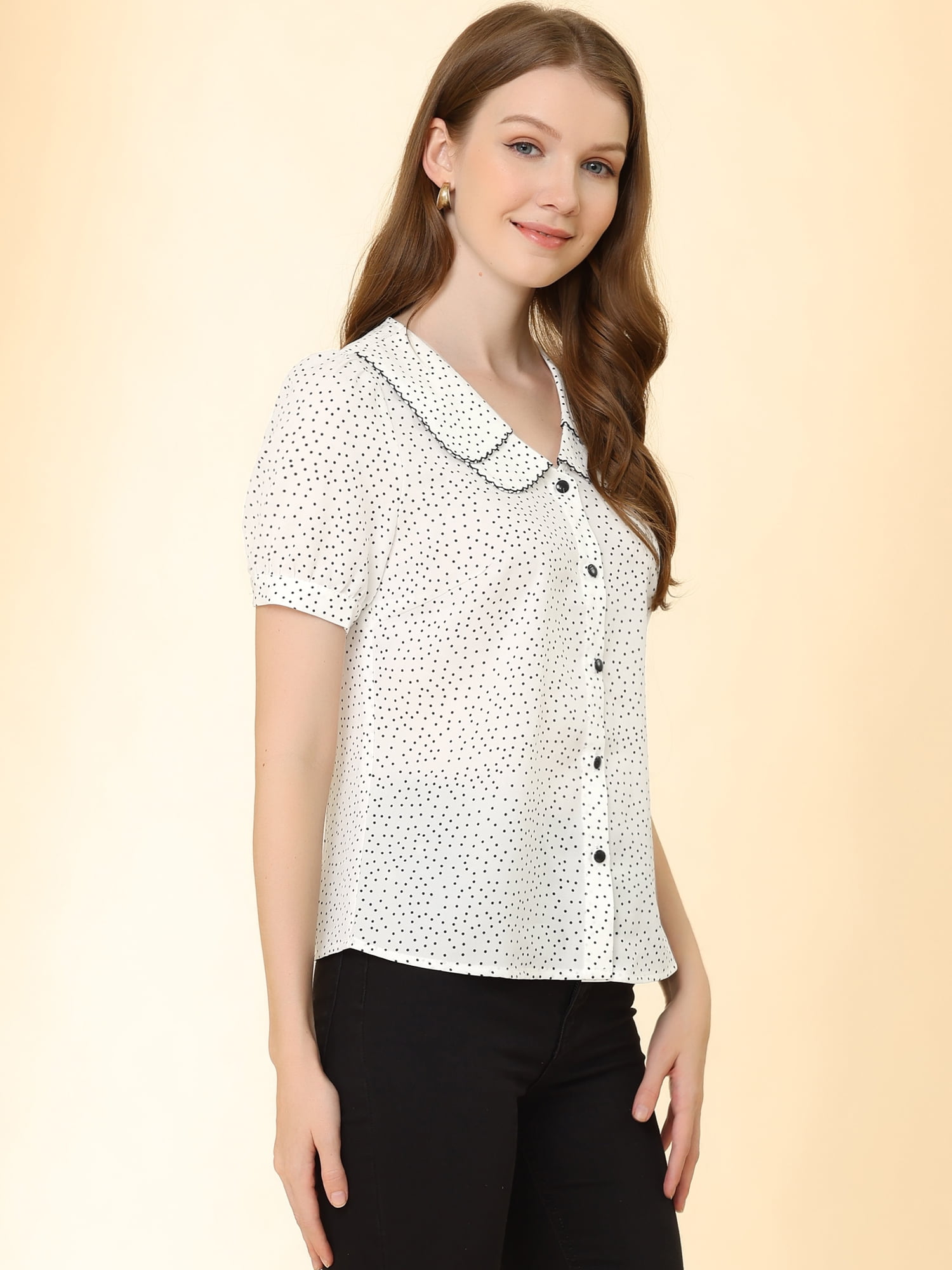DARING DIVA Women's Polka Dots Peter Pan Collar Puff Sleeve Shirt XS White