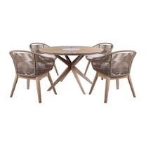Armen Living Outdoor Patio 5 Piece Round Dining Set in Eucalyptus Wood with Truffle Rope