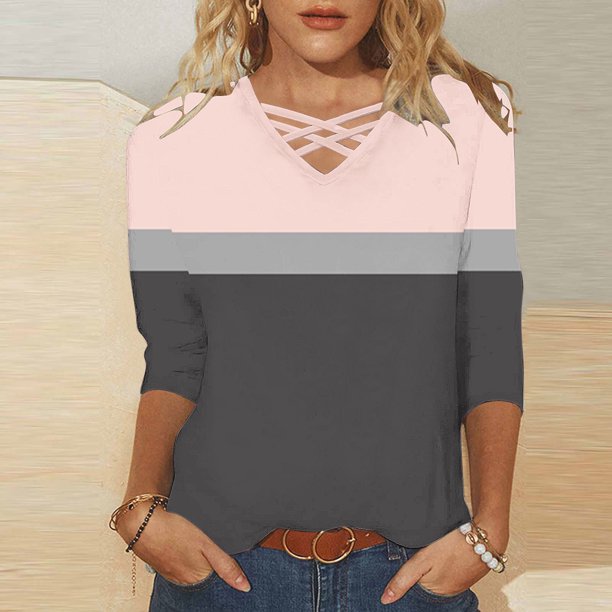 mfyjkho Tops Para Mujer, Moda Y Ocio Para Mujer, Estampado, Cuello En V, Manga 3/4 Tops De Tallas Grandes L