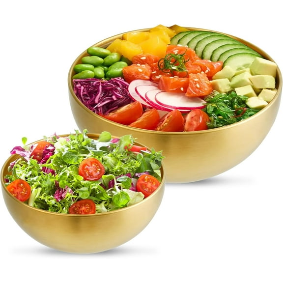 2 Pack Stainless Steel Mixing Bowls, 5.9 & 7.9 Inch Gold Metal Salad Bowls, Soup Bowl, Noodle Bowl, Snack Bowl, Serving Bowls for Mixing, Cooking, Baking, Prepping - 700ML& 1200ML