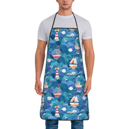 

Jgfou Watercolor Ships Print Anti-fouling Apron for Men Women Waterproof Oil-Proof Kitchen Apron with Adjustable Straps Pocket and No-Pill No-Fade Fabric