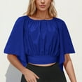 thumbnail image 6 of Olyvenn Stylish Women's Short Bell Sleeve Tie Back Solid Crop Blouse Shirt Crop Tops Workout Tops Summer Fashion Basic Tees Blue M, 6 of 7
