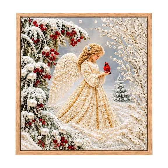 Winter Angel & Cardinal - Christmas Pearl Art DIY Diamond Painting Kit, Framed 7.87x7.87 Inch Canvas, Holiday Craft for Adults & Beginners