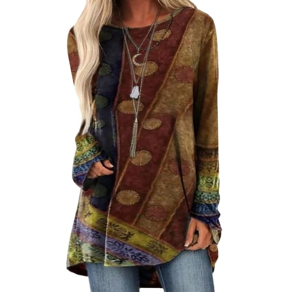 Gvmfive Women Ethnic Print Long Sleeve Round Neck Casual Loose Tops