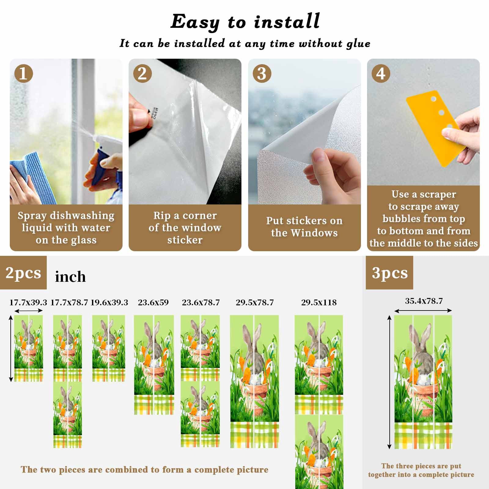Easter Bunny Window Privacy Film, Spring Bunny Sitting on A Flowerpot Carrot Flower Green Frosted Glass Window Clings Static Cling UV Heat Blocking Reusable Door Sticker for Bathroom 23.6 x 59 Inch