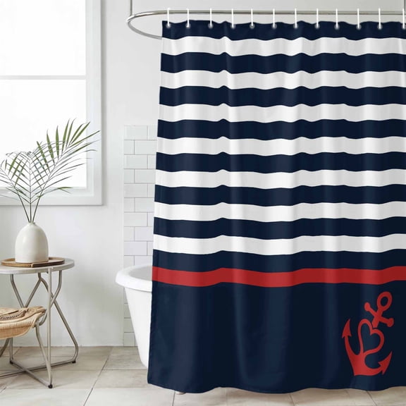 Anchor Navy Blue Waterproof Fabric Shower Curtain,Red Nautical White Geometric Stripes Waterproof Fabric Shower Curtain for Bathroom Curtains Bathtubs Shower Curtains with 12 Hooks Standard 72x72