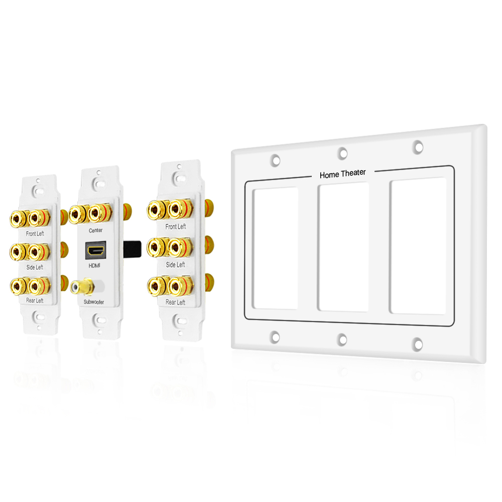 Home Theater Speaker Wall Plate Outlet - 7.1 Surround Sound Audio Distribution Panel, Gold Plated Copper Banana Plug Binding Post Coupler, RCA LFE Jack for Subwoofer, HDMI 4K ARC/eARC Full HD (3-Gang) - image 5 of 5