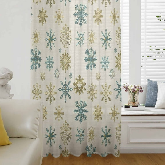Teal Yellow Snowflake Christmas Semi Sheer Curtains Drapes for Living Room, Bedroom, French Doors Window 96 Inches Long, Xmas Snowflake Rustic Rod Pocket Chiffon Curtain Drapery Voile Drape Panel