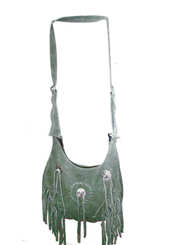 Fringe Suede Leather Purse Bag Cross Body Shoulder Straps Southwest Cabochon~Gray