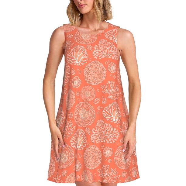 Fotbe The Marine Theme With Beautiful Corals Vestido de Verano sin Mangas para Mujer – Vestido Midi Línea A, Estilo Camiseta Floral, Vestido Playero Casual y Fluido
