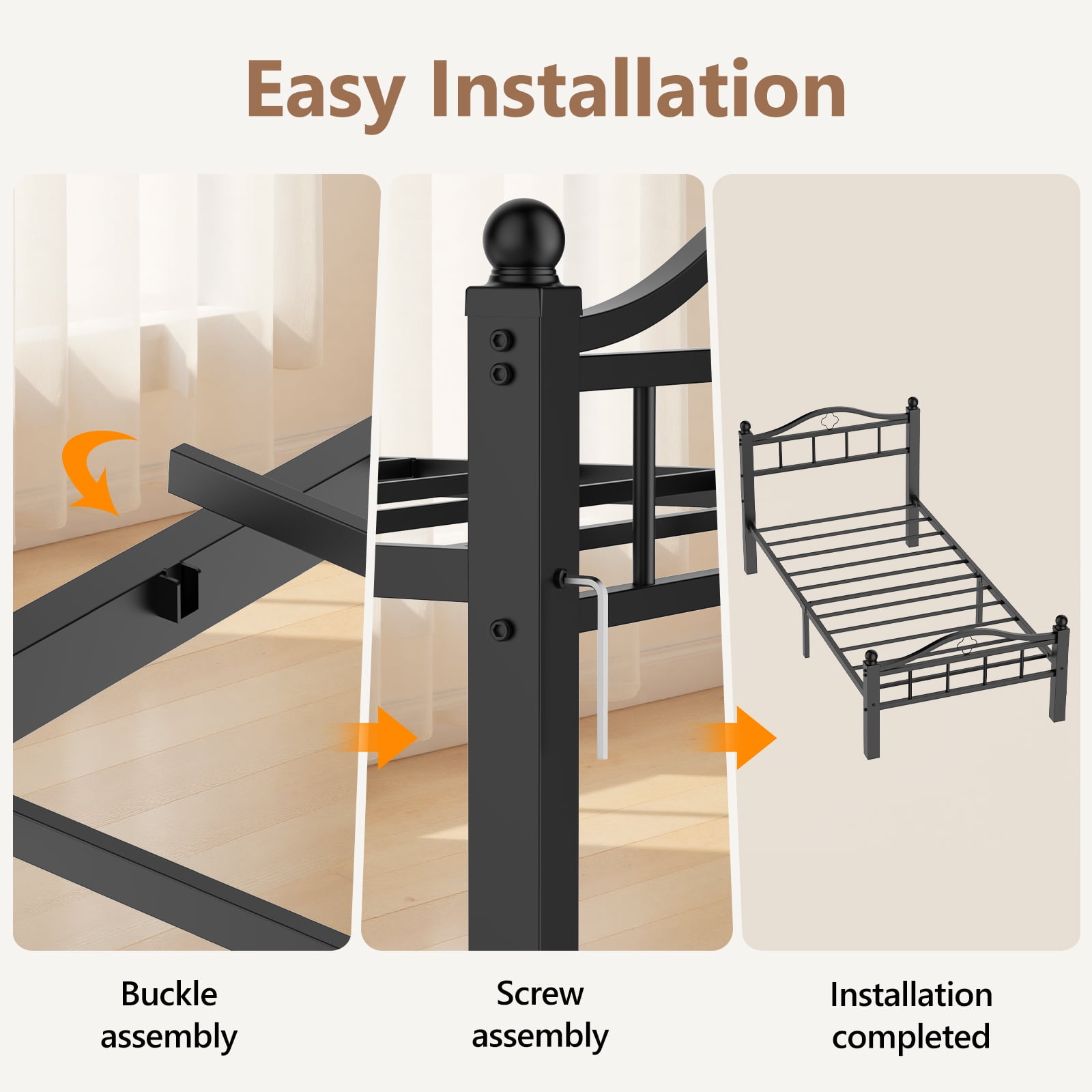 Twin Bed Frame, No Squeak Heavy-Duty Twin Size Bed Frame with Headboard 1500lbs Support & 12" Clearance Storage Tool-Free Setup in 30 Mins for Studios, Dorms, Frequent Movers