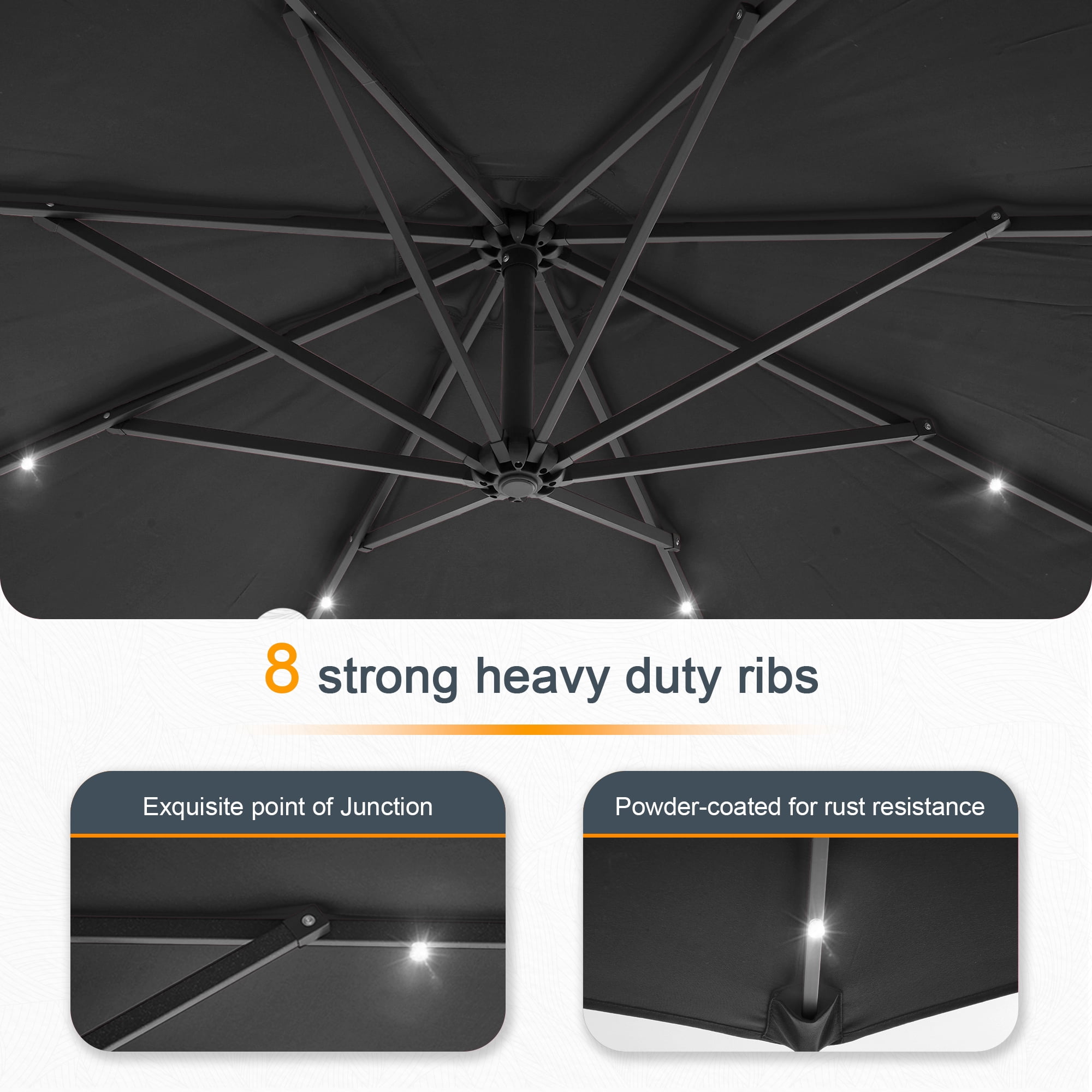 ACEGOSES 10ft 32 LED Outdoor Patio Offset Umbrella, Solar Lighted Hanging Umbrella with 8 Ribs for Desk,Garden,Yard,Black