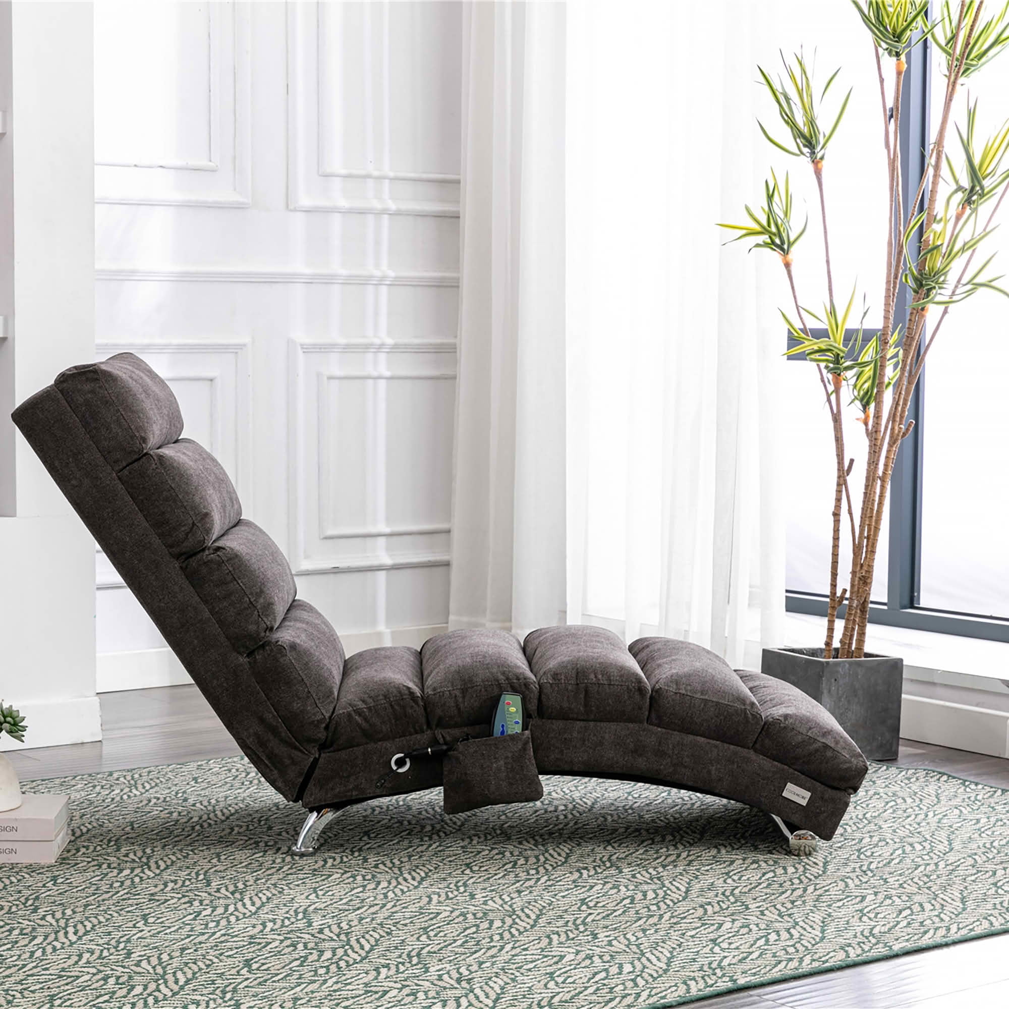 MAYEERTY Vibrating Upholstered Chaise Lounge Chair, Ergonomic Fixed Back Fabric Recliner Sofa with Side Pocket Remote Control for Living Room Bedroom
