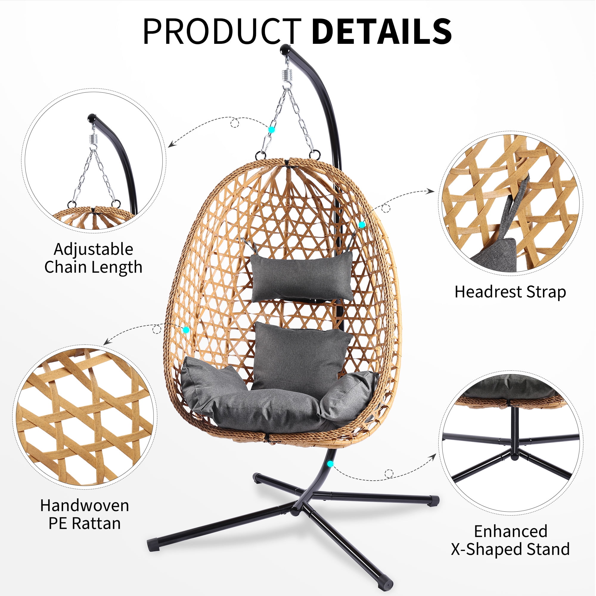Egg Chair with Stand, Patio Wicker LHBcraft Hanging Chair, Hammock Swing Chair, 350LBS Capacity for Bedroom, Balcony, Garden