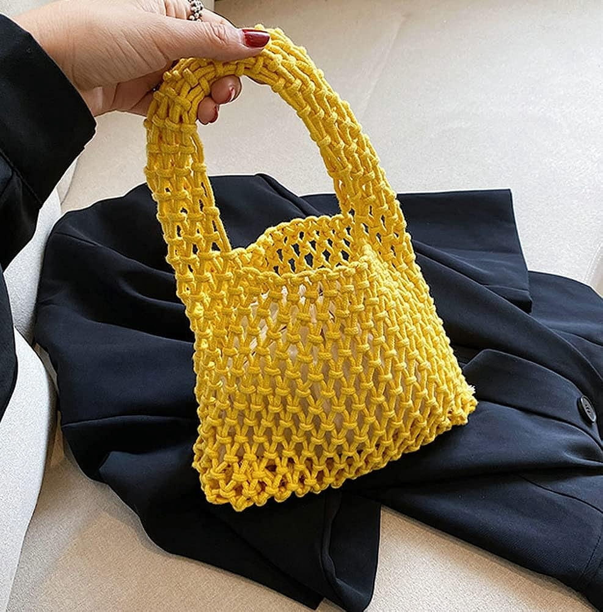 Kukuzhu Women Small Crochet Tote Handbag Cotton Top Handle Bag Summer Mesh Beach Bag Drawstring Fishing Net Bag Clutch Handbag