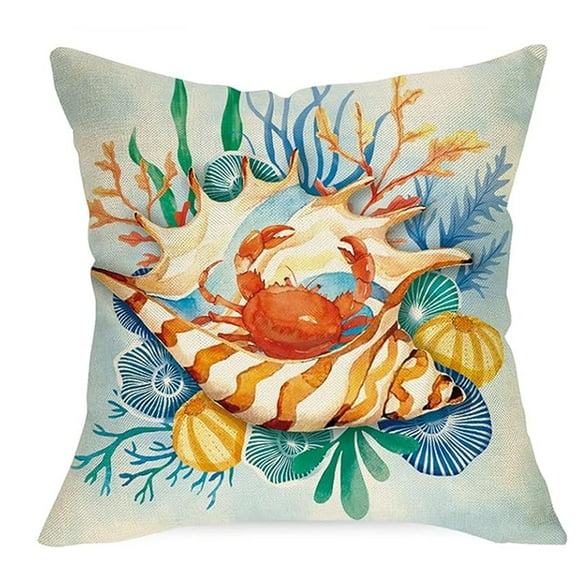 Happy Summer Decorative Throw Pillow Covers, Hello Beach Coastal Starfish Conch Blue Cushion Case Decor, Nautical Coral Seasonal Home Decoration for Sofa Couch