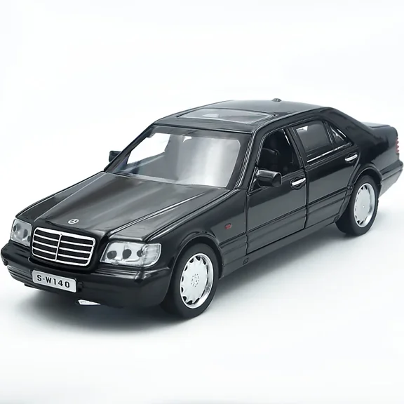The 1:32 scale is suitable for Mercedes-Benz W140 alloy die-cast car models, equipped with opening doors, lights, sound and spring-back function. Boys' toy cars, children's birthday gift toy cars.
