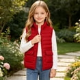 thumbnail image 5 of Spazoro Girls Lightweight Puffer Vest with Patch Pockets, Solid Color Stand Collar Full Zip Sleeveless Warm Quilted Outerwear Gilet Red Size 11-12, 5 of 9