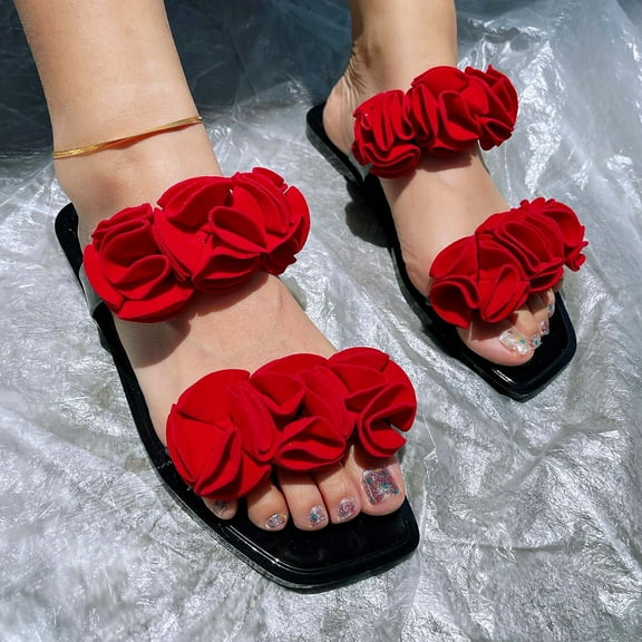 Sandal Women Slippers Fashion Sandals Flowers Flat Slippers Ladies Wear Shoes Outside (9, Red)