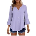 thumbnail image 2 of Craaazy Women's Relaxed Fit V Neck Blouse, Solid Color 3/4 Sleeve Flare Cuff Top, Loose Comfy Button Accent Casual Tee for Spring & Summer Gifts, 2 of 7