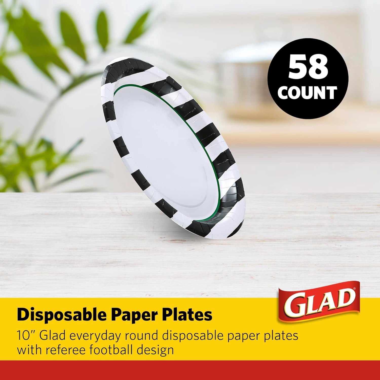 Round Disposable Paper Plates, Referee Football Pattern - Strong, Sturdy, Soak Proof, and Microwavable Decorative Plates for Dinner and Everyday Use, 10 Inch, 58 Count