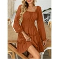 thumbnail image 4 of Fancyglim Dress for Women Long Sleeve Square Neck Short Dress Tiered Ruffle A-Line Flowy Mini Dresses with Pockets Brown L, 4 of 7