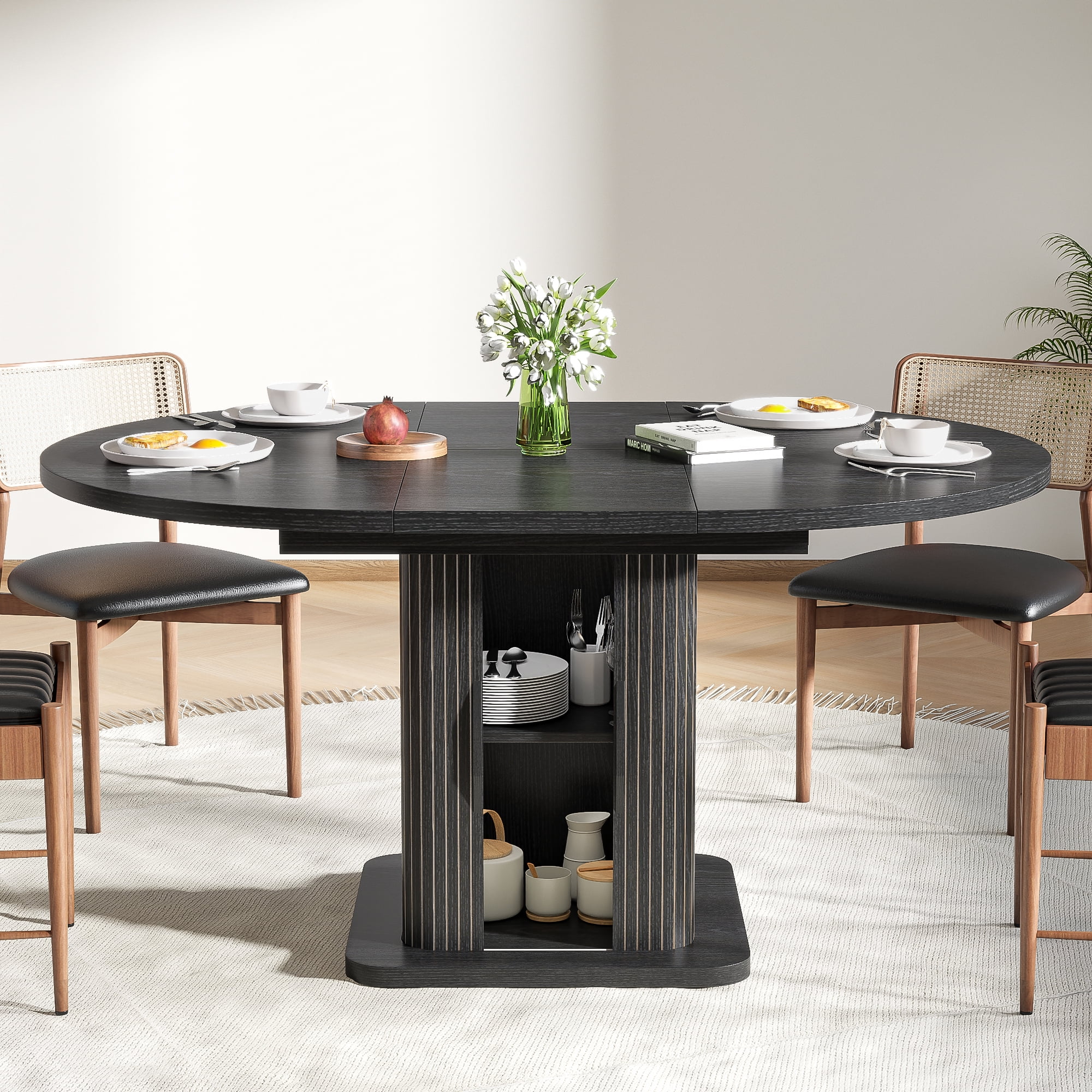 Round Dining Table for 4-8, 43.3''-59'' Extendable Kitchen Table Dinner Table with 2-Layer Storage Shelf and Wood Slide Door for Home Living Room, Black