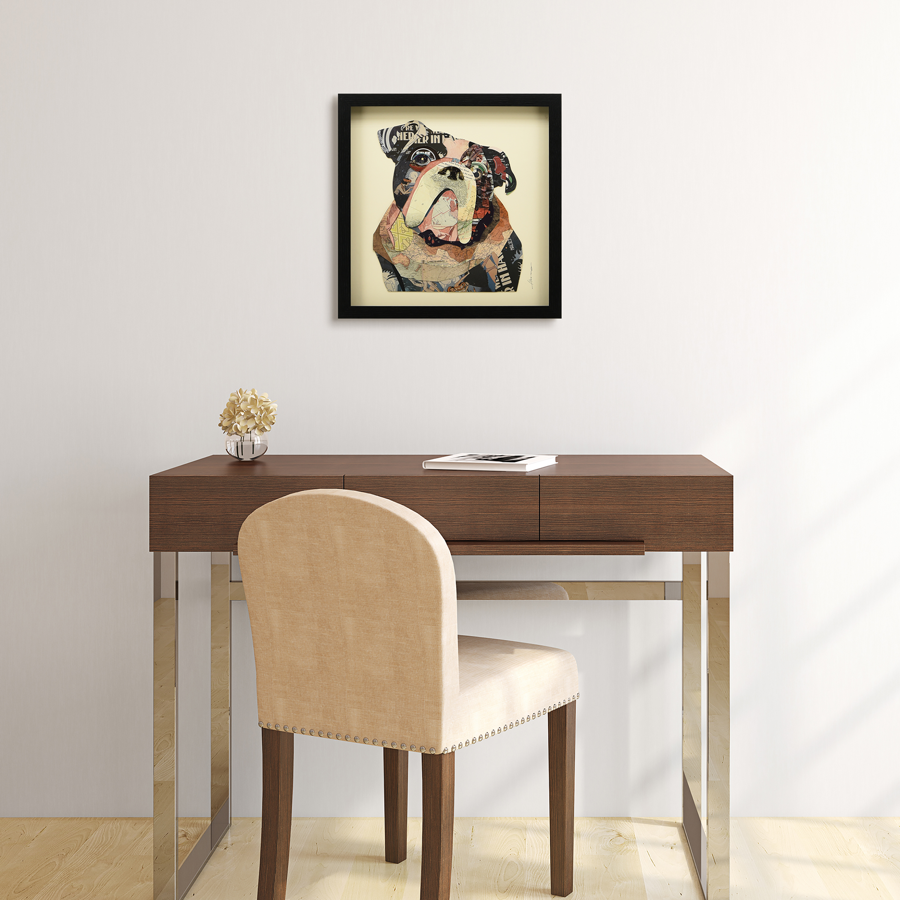 "English Bulldog" Dimensional Collage Framed Graphic Art Under Glass Wall Art