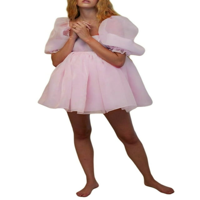 Robe Mini en Tulle Bouffante pour Femmes Col Carré Manches Bouffantes Robe de Princesse Française Fée Robe Courte Romantique à Volants en Maille