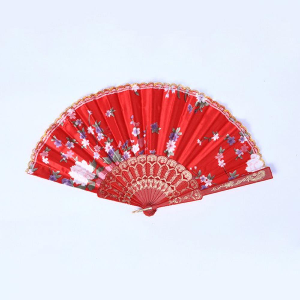 Chinese Japanese Folding Silk Bamboo Pocket Fan Red Flower Engraved Clear 