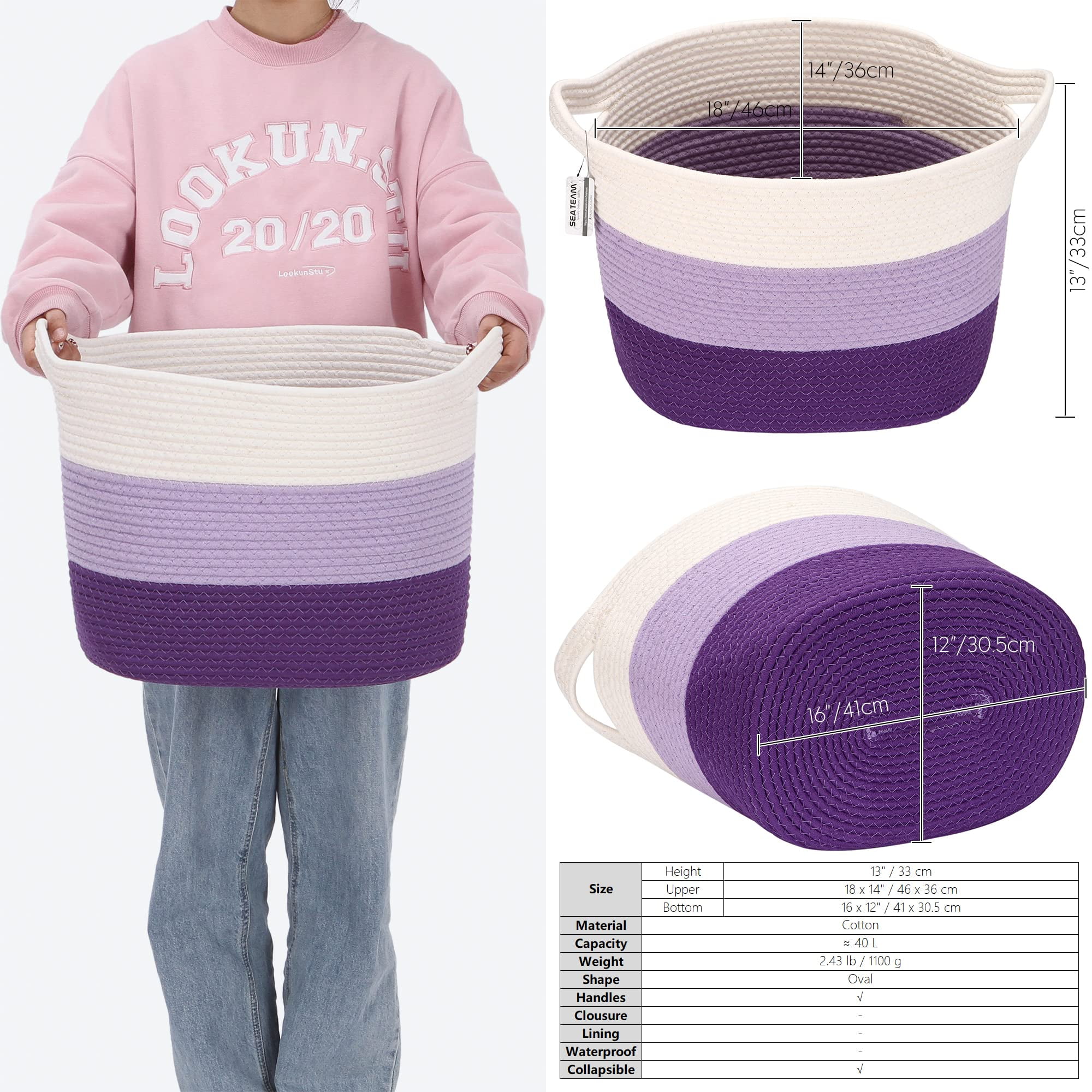 Sea Team Oval Cotton Rope Woven Storage Basket with Handles, 16 x 13 inches, White & Lavender