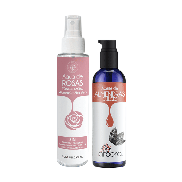 Kit Aceite DE Almendras Dulces Árbora 90ml Agua DE Rosas con Aloe Vera y Vitamina C 125ml