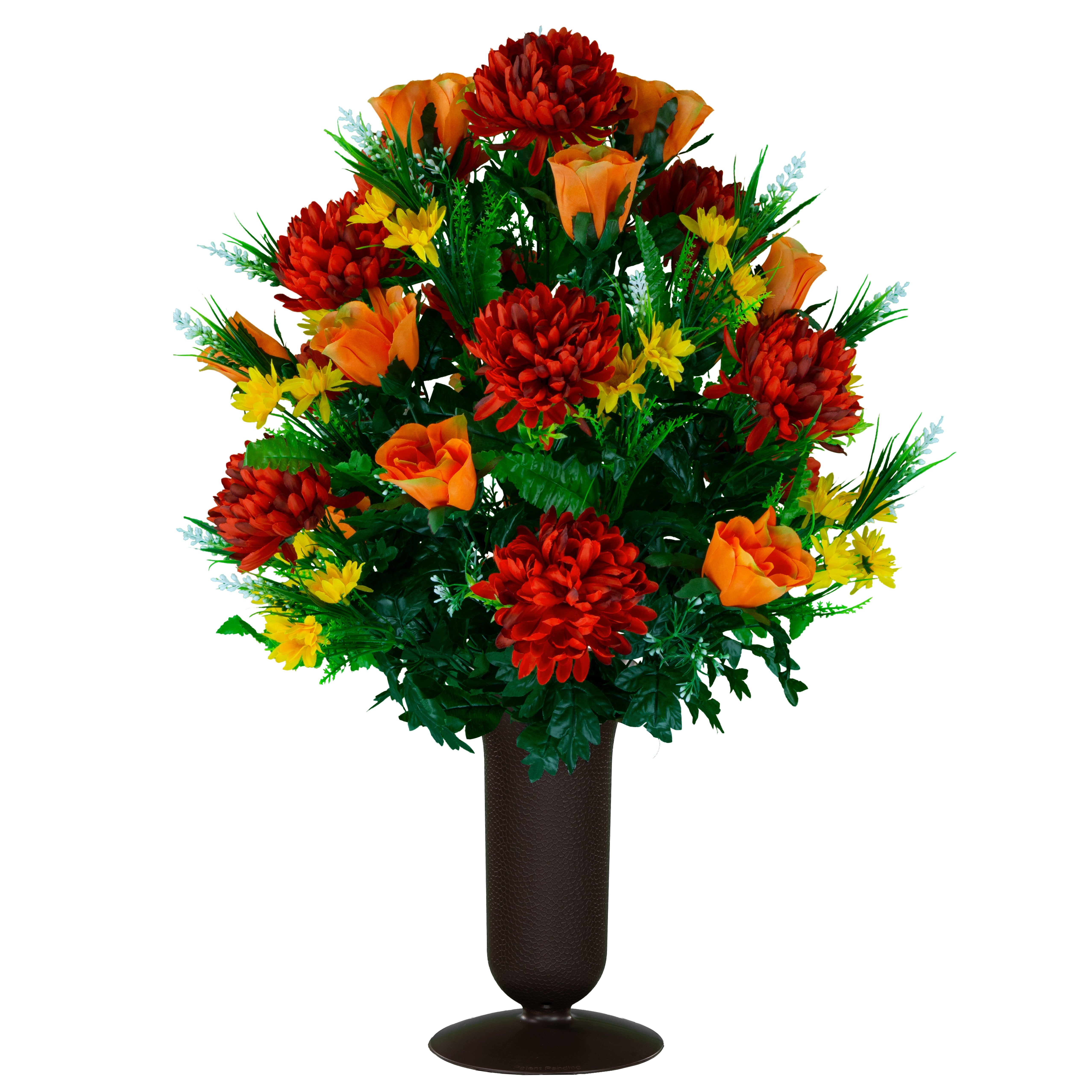 Sympathy Silks Artificial Cemetery Flowers Burgundy Mum and Orange Rose Bouquet for Outdoor Vase