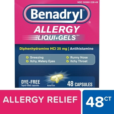 Benadryl Liqui-Gels Antihistamine Allergy Medicine, Dye Free, 48 Ct