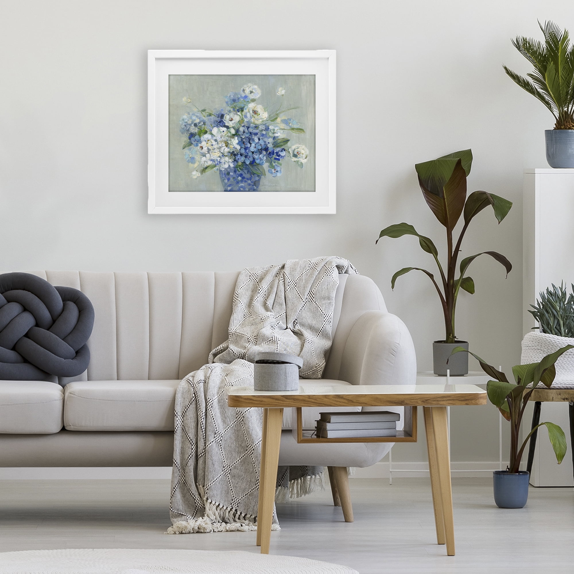 Stupell Industries Serene Blue And White Bouquet White Framed Print Under Glass, design by Sally Swatland
