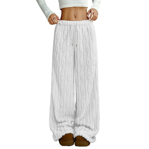 Mohiass Womens Fuzzy Pajama Pants Women Sleepwear Fluffy Plush Comfy Lounge Pants Elastic Waist Winter Warm Wide Leg Cozy Pj Bottoms White L