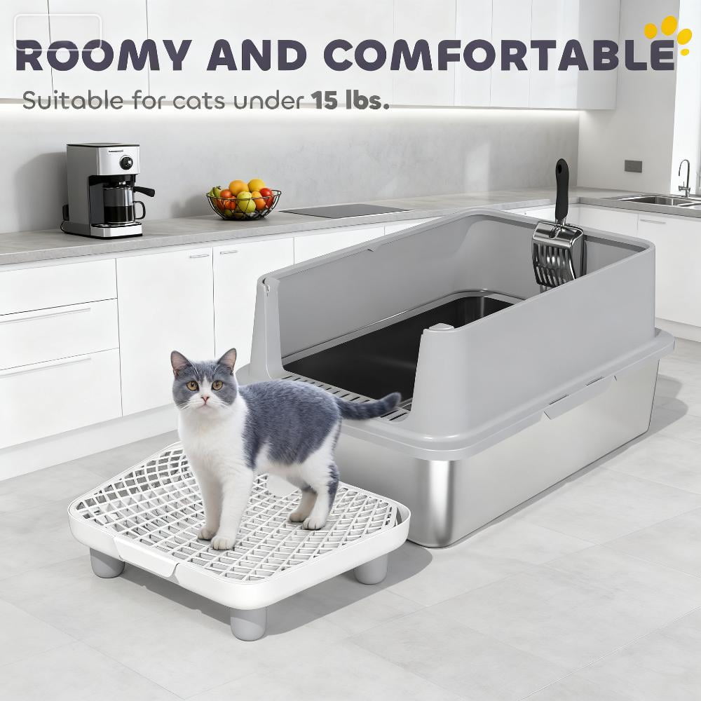 Stainless Steel Cat Litter Box with High Sides, XL Metal Litter Box with Filter Pad and Stainless Steel Litter Scoop, Anti-Scratch Anti-Tracking Easy Clean Indoor Cat Toilet for Cats Up to 15 lbs