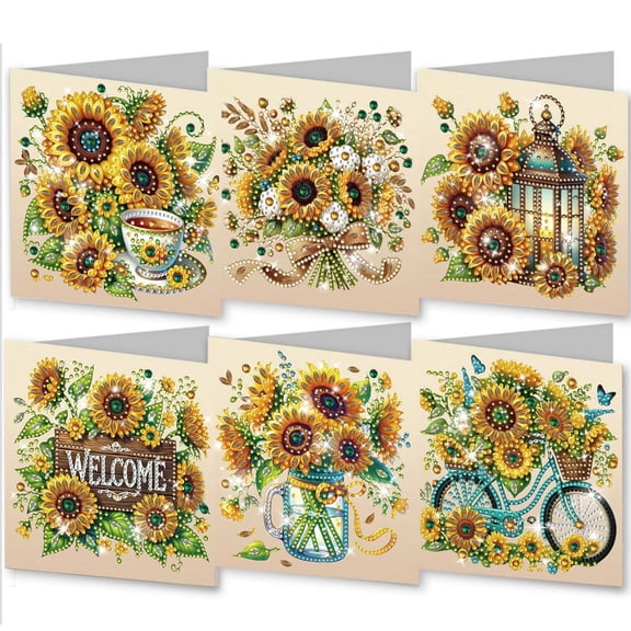 FLOPESN 6Pcs DIY Diamond Art Spring Greeting Card Set,Creative Design Folding Greeting Card Set Holiday Blessing Gift with white envelope 15*15cm-Sunflowers