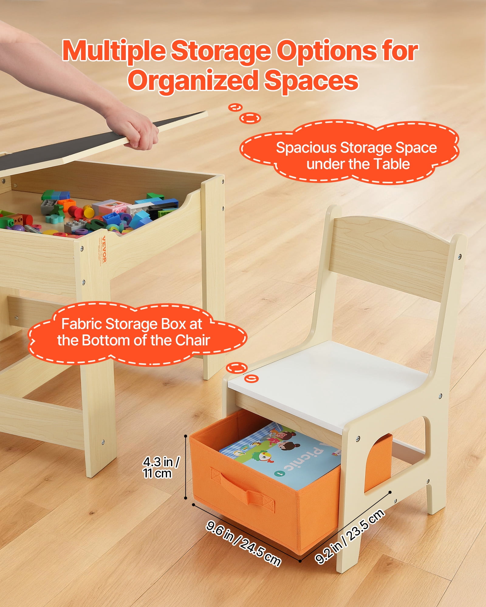 VEVOR Kids Table and 2 Chairs Set, Toddler Table and Chair Set with Storage Space under the Table, Cloth Storage Box under the Chairs, Wooden Desk for Art, Craft, Reading, Learning, Drawing