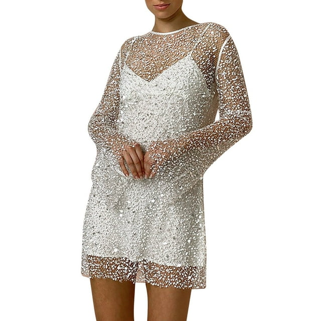 Robes pour Femmes Jupe à Sequins Grandes et Petites Perles en Maille Transparente 2 Pcs Robe à Bretelles