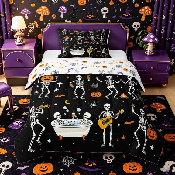 Manfei Cartoon Gothic Skeleton Twin Comforter Sets 2pcs, Halloween Pumpkin Bedding Set, Black White Orange,Reversible,1 Comforter and 1 Pillowcase