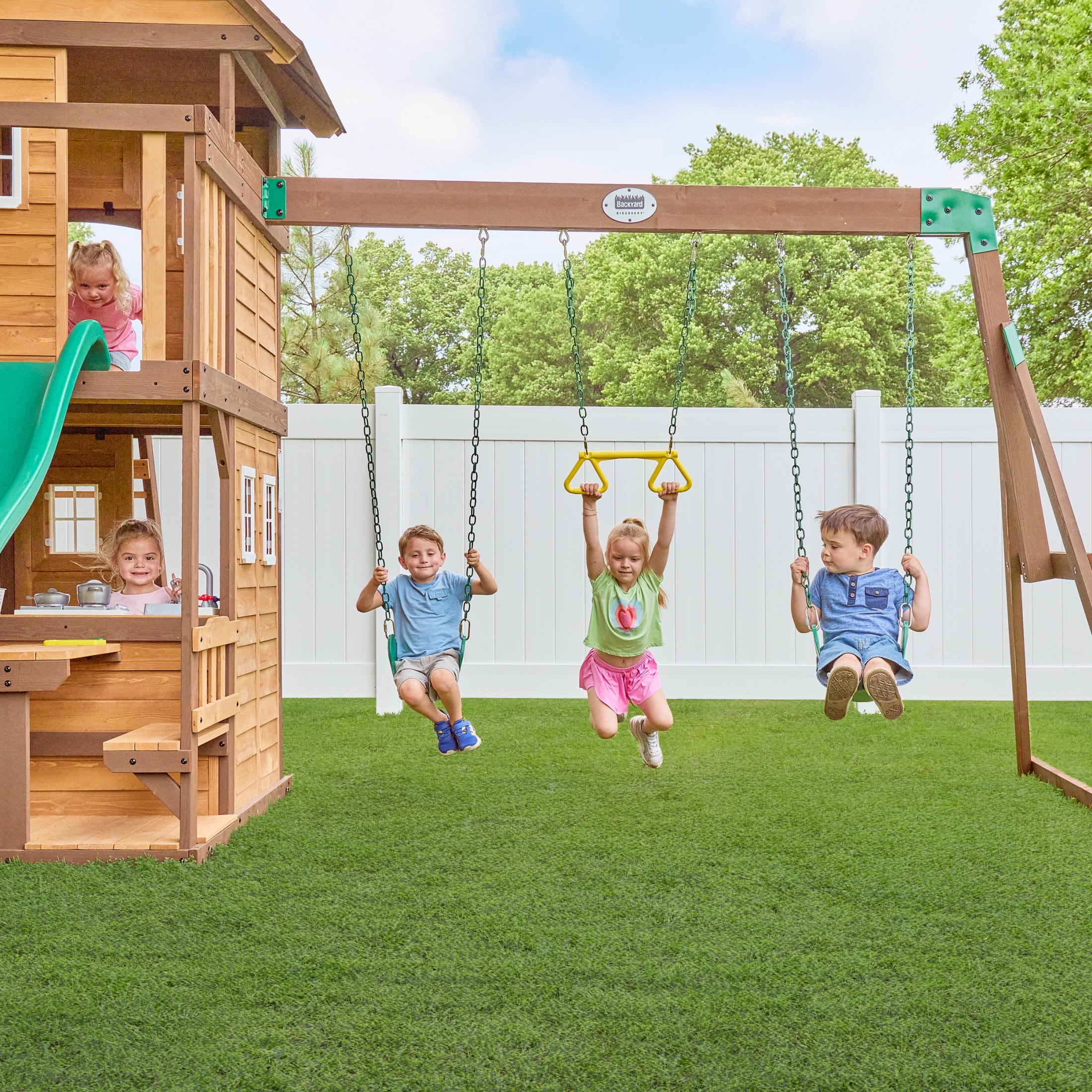 Backyard Discovery Spruce Hollow Spruce Wood Swing Set, Wave Slide, Clubhouse, Rock Wall