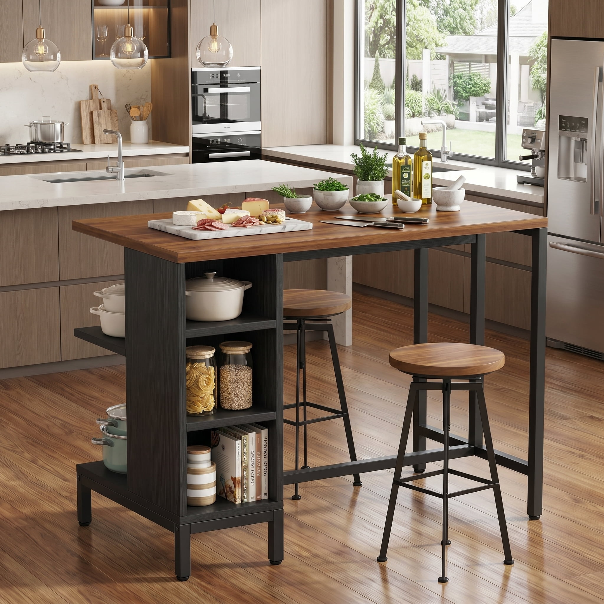 Fnova 43" Kitchen Prep Table with Storage, Butcher Block Island with Large Worktop, Bar Table for Bistro, Rustic Brown (Stools Not Included)